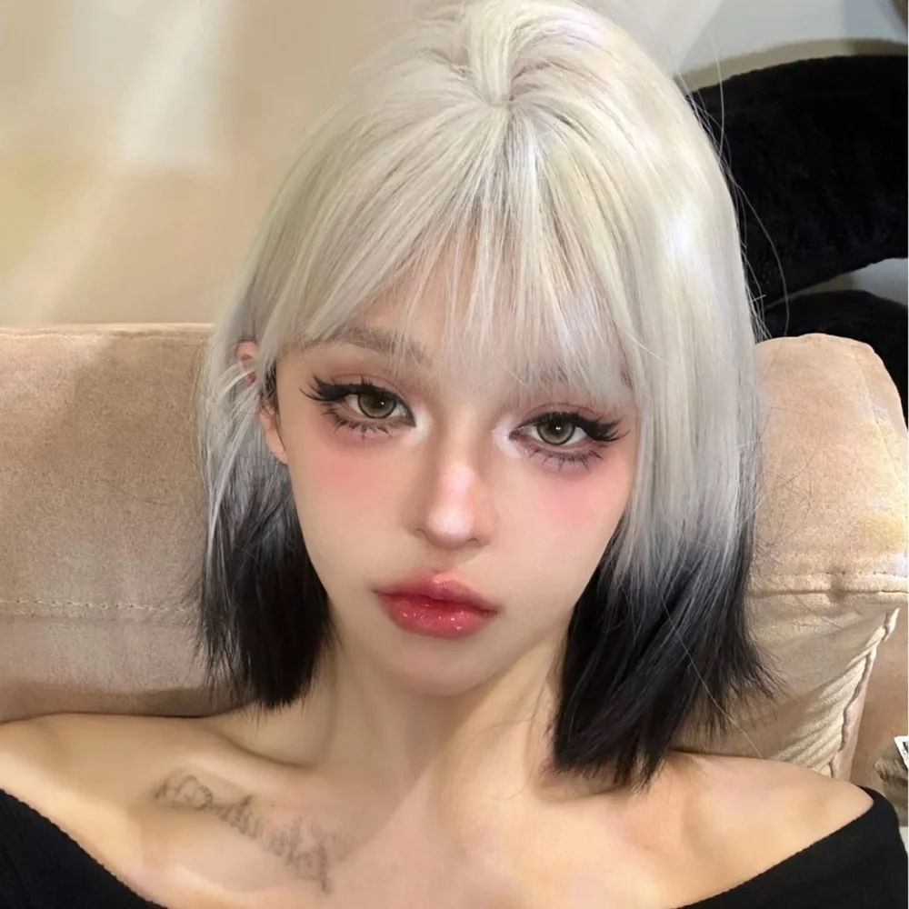 Heat Resistant Synthetic Silver to Black Ombre Short Bob Wig with Bangs